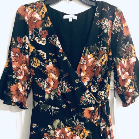 June & Hudson Wrap Mini Dress Floral Print Black Orange Brown Size L NEW wTag - Picture 5 of 10